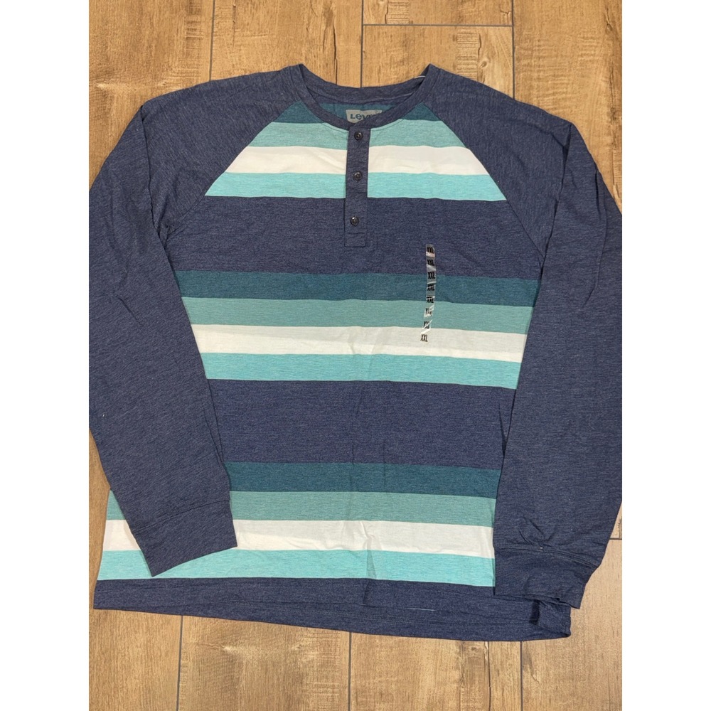 Levis Mens Long Sleeve Striped Henley Shirt‎ XXL Blue Teal White Casual